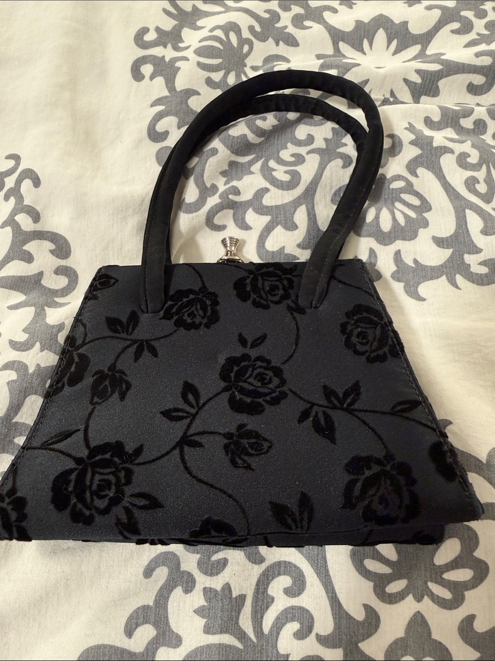 Vintage Black Velvet Floral Mini Handbag